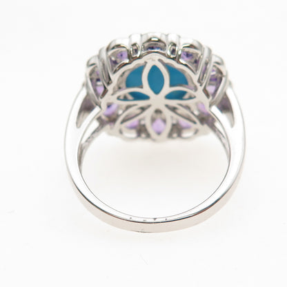 Chuck Clemency Sterling Silver Real Turquoise Amethyst & White Topaz Ring Size 8