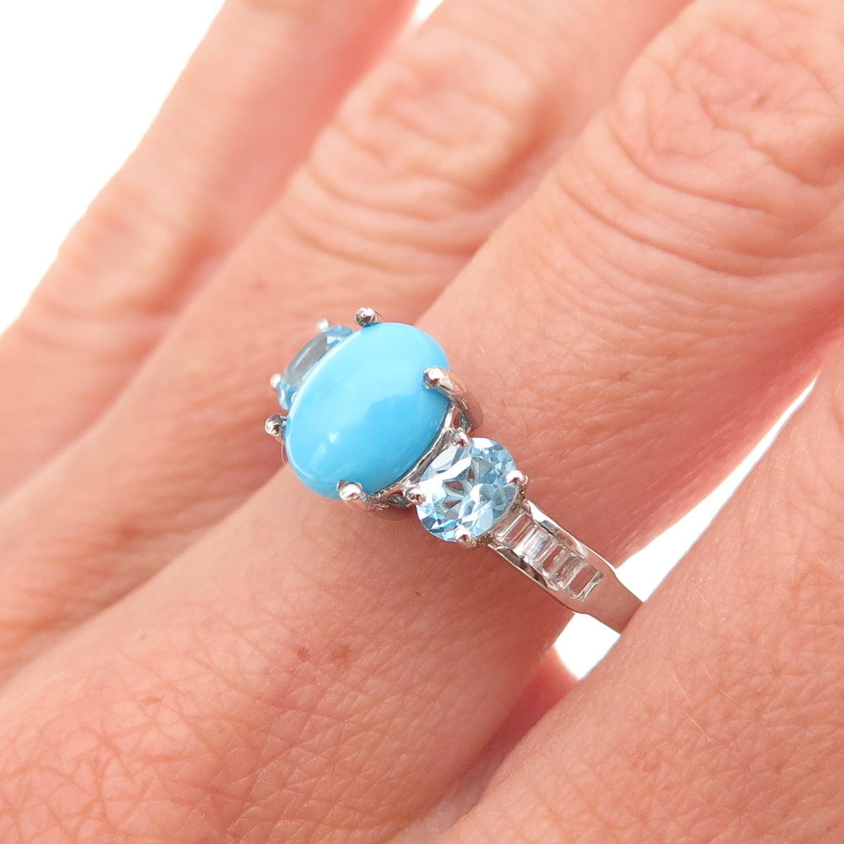 Chuck Clemency Sterling Silver Real Turquoise Blue & White Topaz Ring Size 8.25