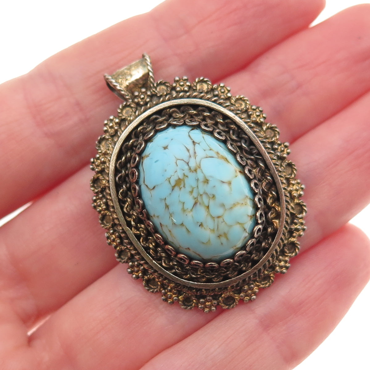 935 Silver Gold Plated Vintage Israel Faux Turquoise Pin Brooch / Pendant