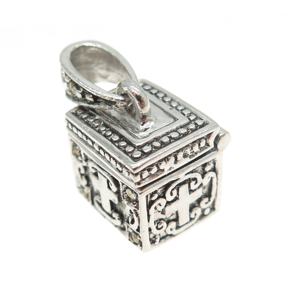 925 Sterling Silver Real Marcasite Gemstone Ornate Box Locket Pendant