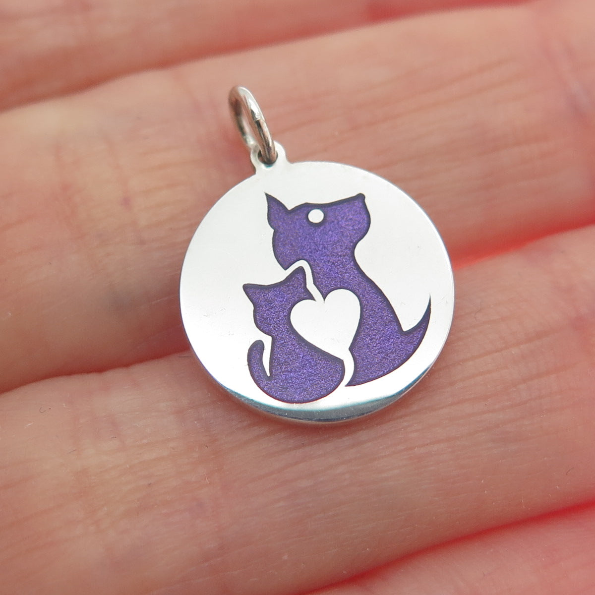 925 Sterling Silver Purple Enamel Dog & Cat Friendship Minimalist Charm Pendant