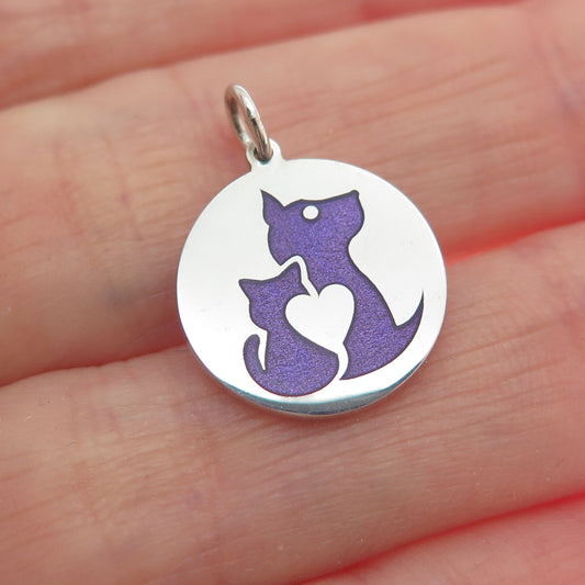 925 Sterling Silver Purple Enamel Dog & Cat Friendship Minimalist Charm Pendant