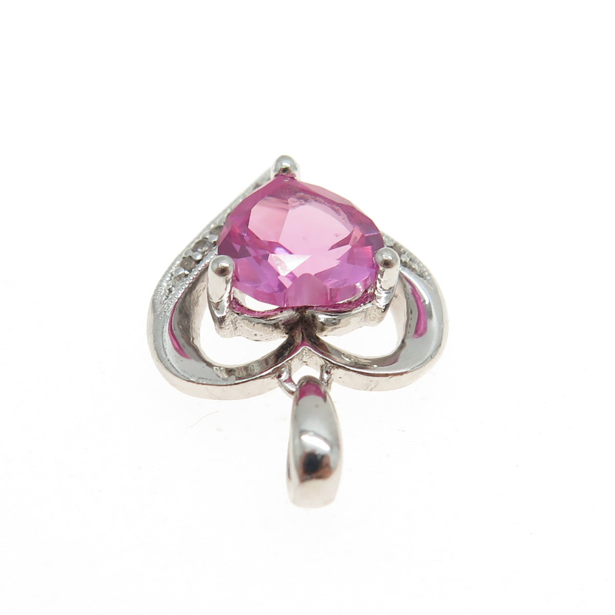 SAI 925 Sterling Silver White Topaz Gem Lab-Created Pink Sapphire Heart Pendant