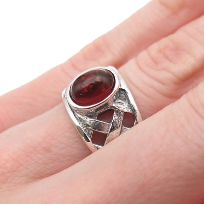 925 Sterling Silver Vintage Real Amber Woven Oxidized Ring Size 5.5