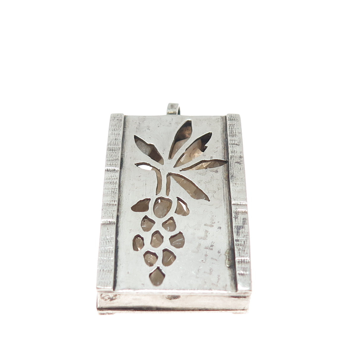 925 Sterling Silver Vintage Real Quartz Grape Shadow Box Oxidized Charm Pendant