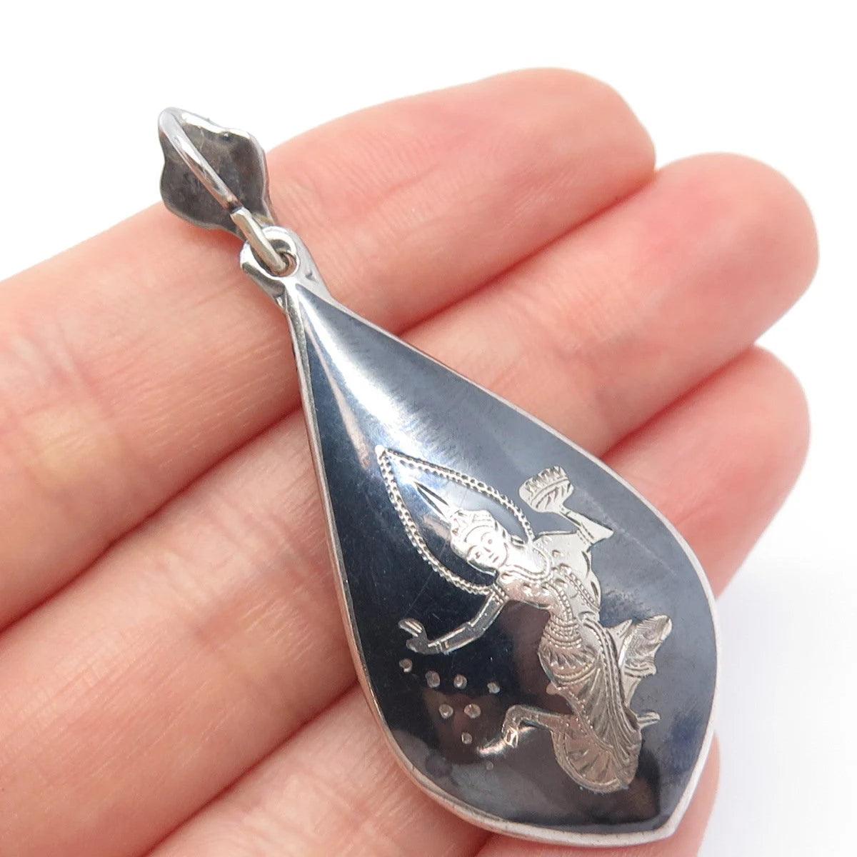 925 Sterling Silver Vintage Niello Hindu Goddess Teardrop Pendant
