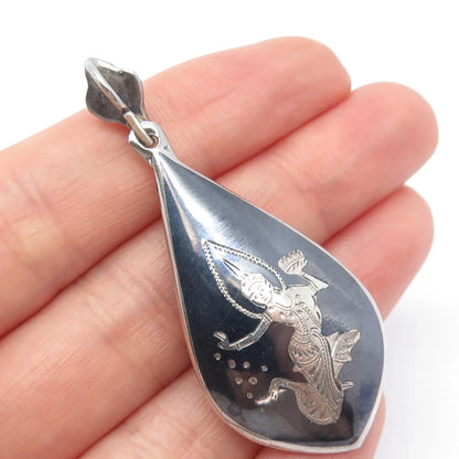 925 Sterling Silver Vintage Niello Hindu Goddess Teardrop Pendant