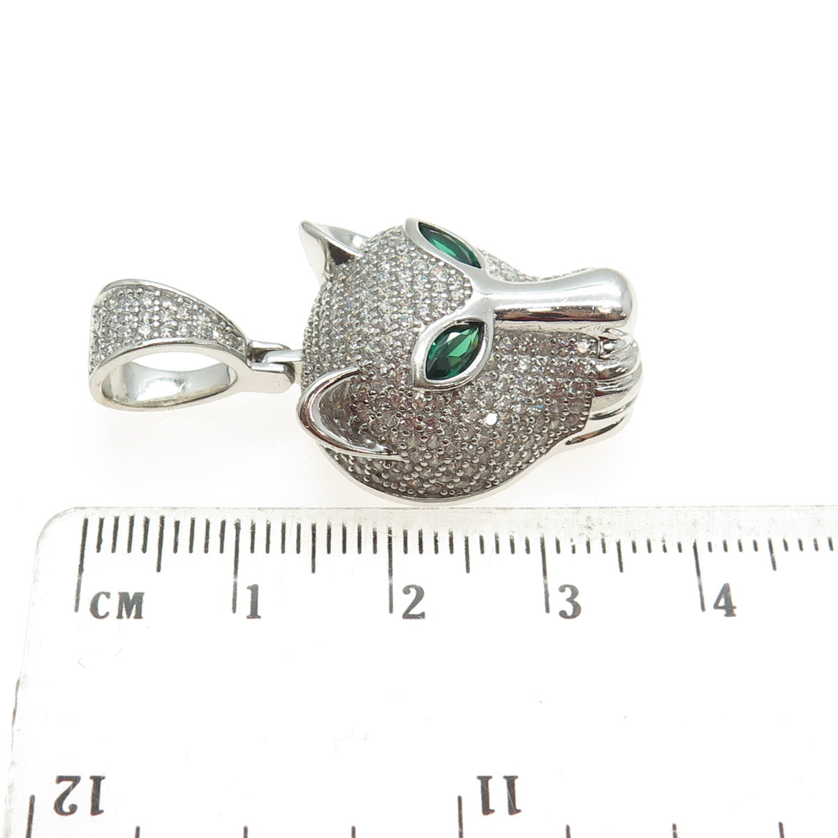 925 Sterling Silver Nano Emerald & Round-Cut C Z Panther's Head Pendant