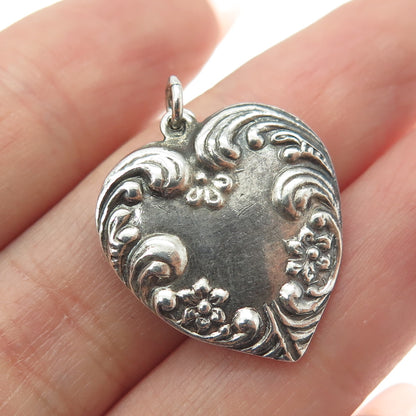 925 Sterling Silver Antique Art Deco Repousse Heart Chatelaine Charm Pendant