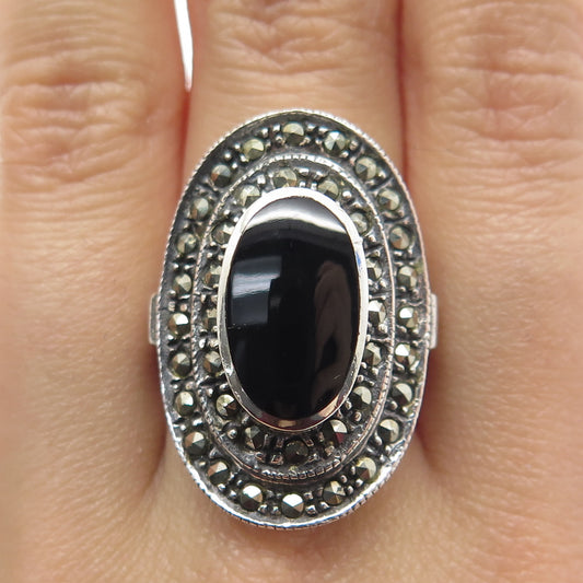 925 Sterling Silver Vintage Black Onyx & Marcasite Gem Statement Ring Size 6.25