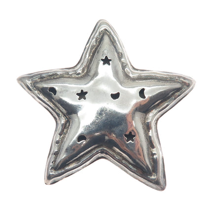 925 Sterling Silver Vintage Mexico Star & Crescent Shadow Box Oxidized Brooch