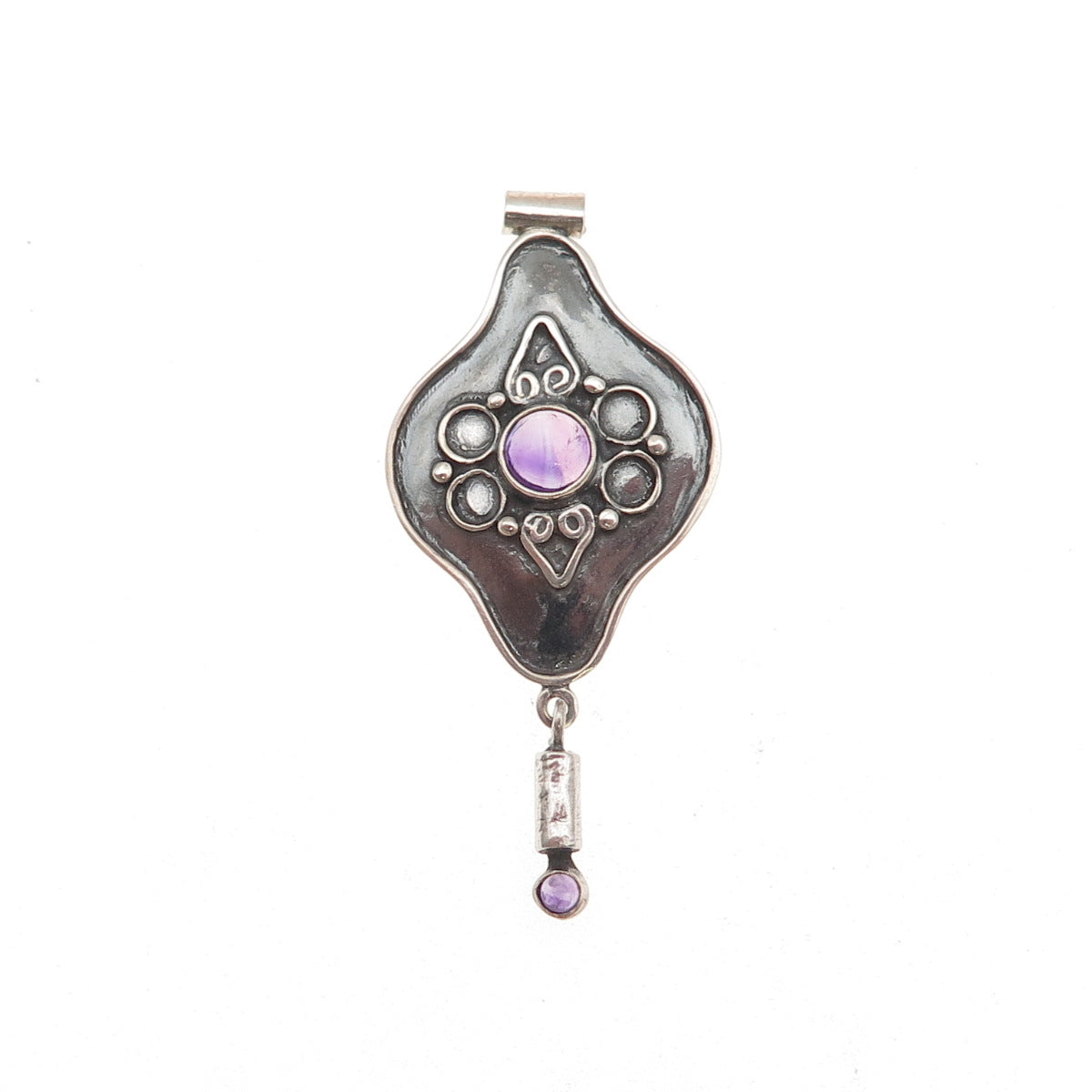 925 Sterling Silver Vintage Real Amethyst Modernist Oxidized Slide Pendant