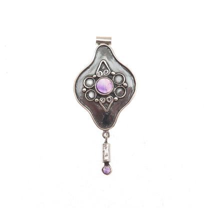 925 Sterling Silver Vintage Real Amethyst Modernist Oxidized Slide Pendant