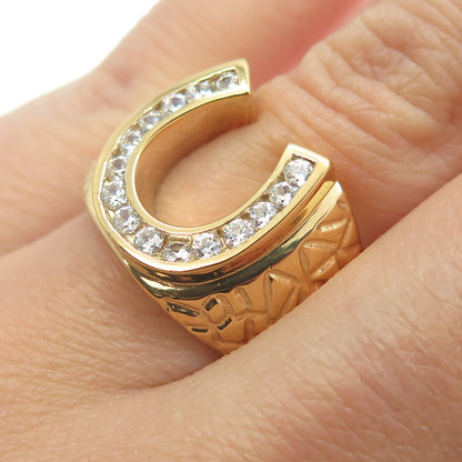 925 Sterling Silver Gold Plated Pave C Z Horseshoe For Good Luck Ring Size 7
