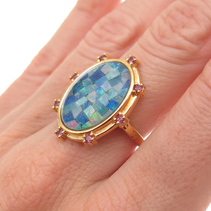 Dasan 925 Sterling Silver Gold Plated Real Opal & Amethyst Mosaic Ring Size 6