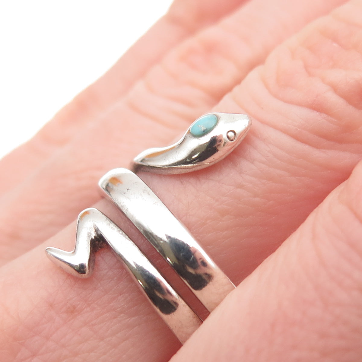 BOMA 925 Sterling Silver Vintage Real Turquoise Snake Adjustable Ring Size 8.75