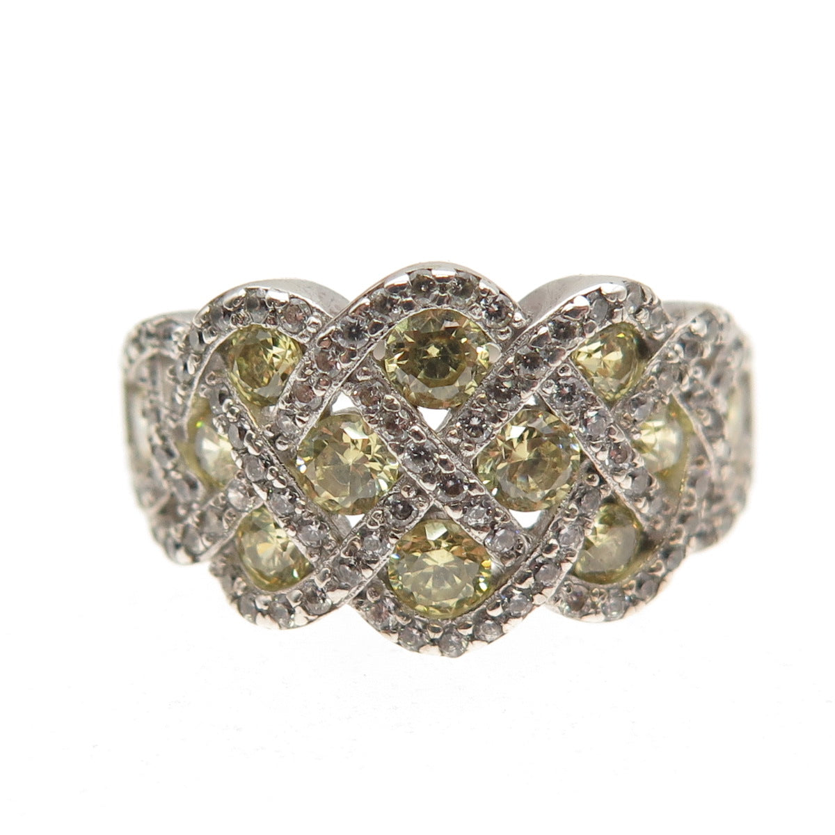 925 Sterling Silver Round-Cut Canary & White C Z Woven Ring Size 7