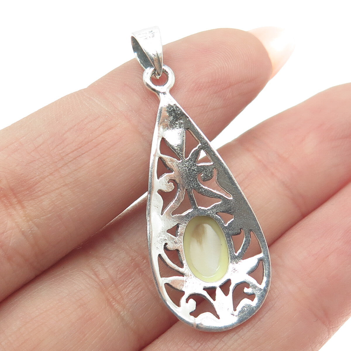 925 Sterling Silver Vintage Real Mother-of-Pearl Floral Scroll Teardrop Pendant