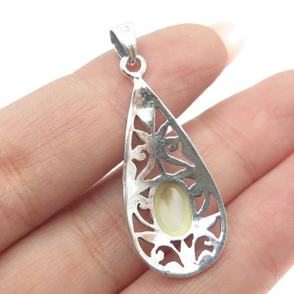 925 Sterling Silver Vintage Real Mother-of-Pearl Floral Scroll Teardrop Pendant