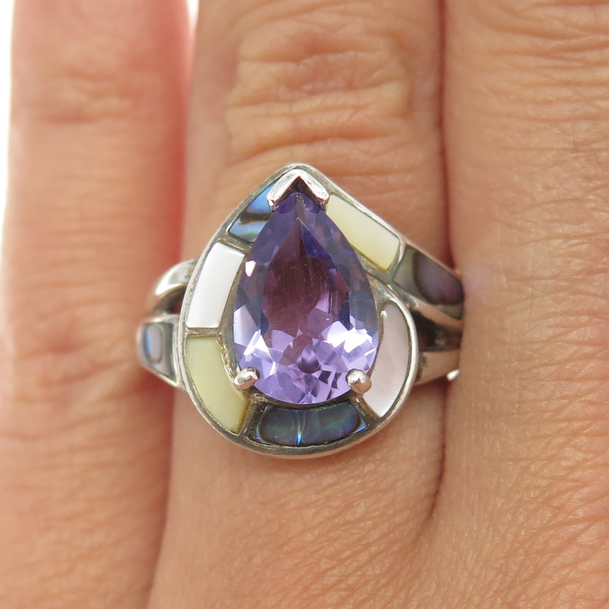 WHITNEY KELLY 925 Sterling Silver MOP Abalone Shell Amethyst Gem Ring Size 6.25