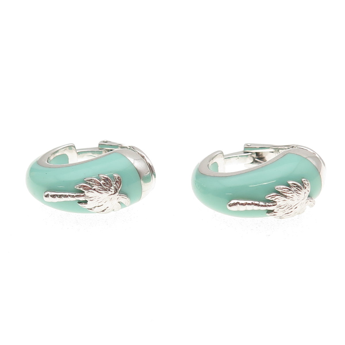 925 Sterling Silver Vintage Enamel Palm Tree Omega Back Hoop Earrings