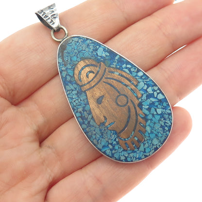 925 Sterling 2-Tone Vintage Metales Mexico Real Turquoise Inlay & Wood Pendant