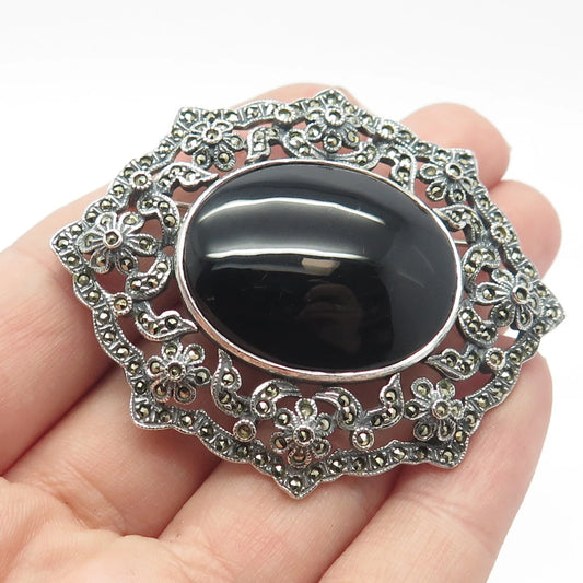 925 Sterling Silver Vintage Black Onyx & Marcasite Gem Art-Deco-Style Pin Brooch
