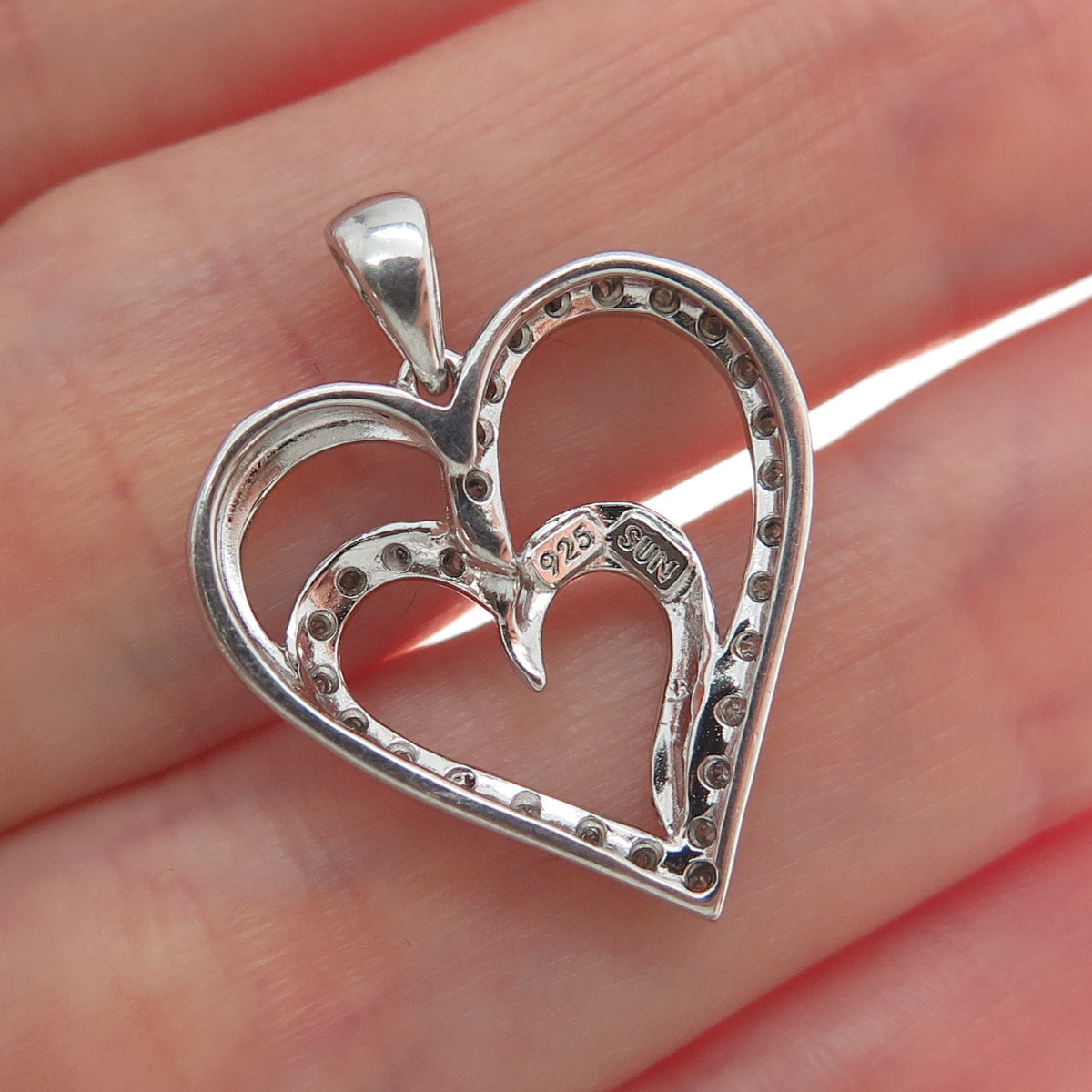 SUN 925 Sterling Silver Real Round-Cut Diamond Double Heart Minimalist Pendant