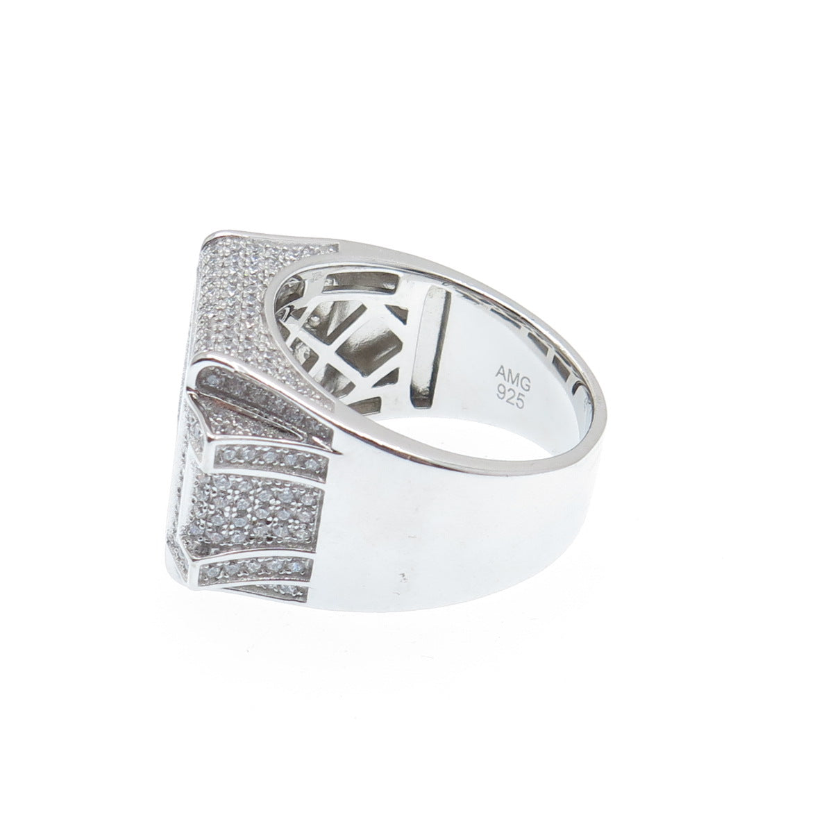 925 Sterling Silver Round-Cut Shaped C Z Signet Wide Ring Size 11.25