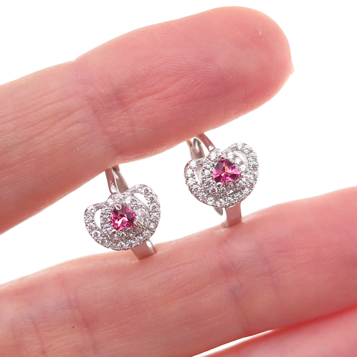 925 Sterling Silver Pink & White C Z Hoop Earrings