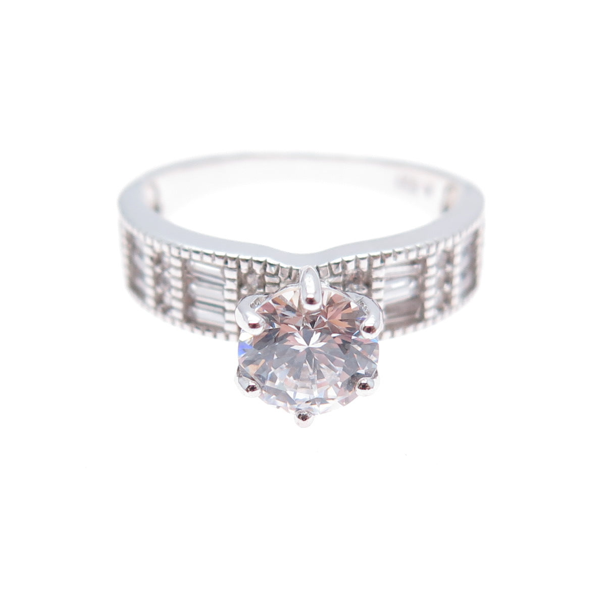 925 Sterling Silver Round & Emerald-Cut C Z Engagement Ring Size 7.25