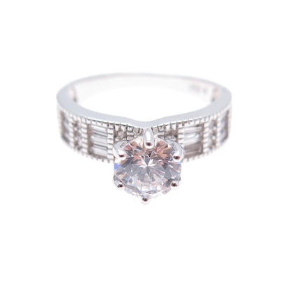 925 Sterling Silver Round & Emerald-Cut C Z Engagement Ring Size 7.25