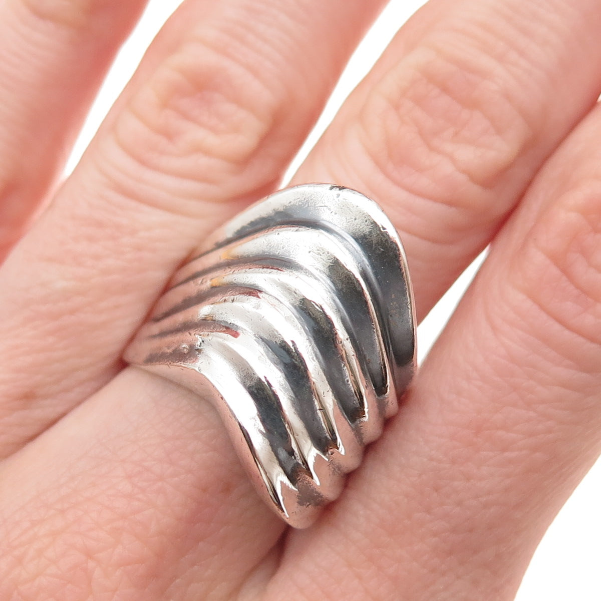 925 Sterling Silver Vintage Modernist Ribbed Oxidized Ring Size 9.25