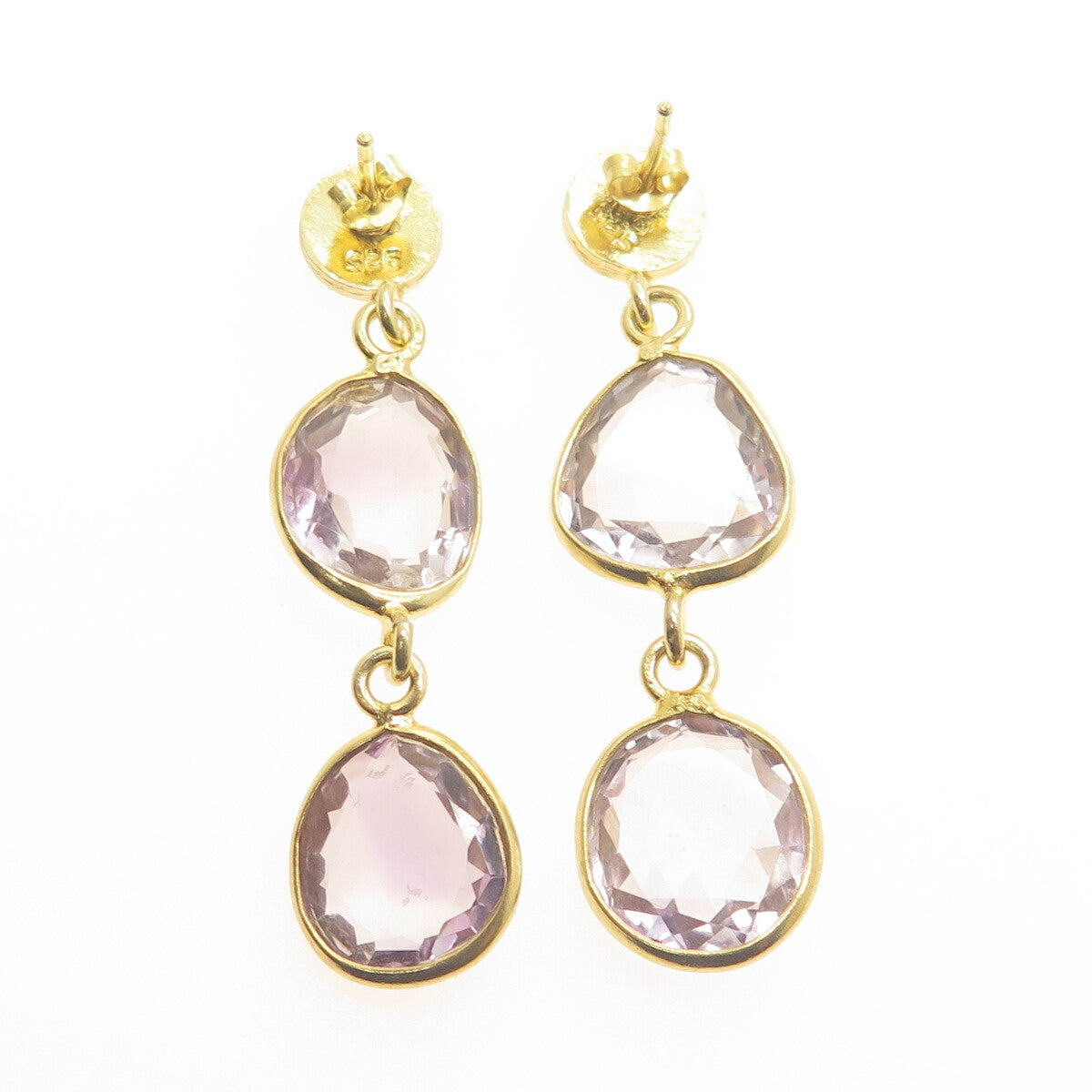 925 Sterling Silver Gold Plated Vintage Amethyst Modernist Dangle Earrings