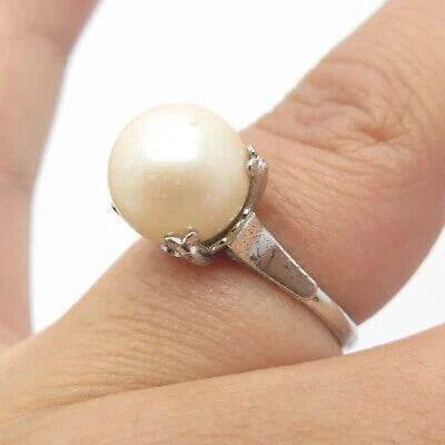 925 Sterling Silver Vintage Faux Pearl Round Ring Size 6
