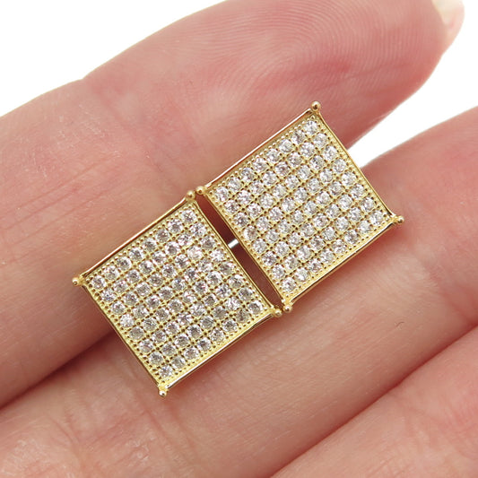 925 Sterling Silver Gold Plated Round-Cut C Z Princess Square Earrings