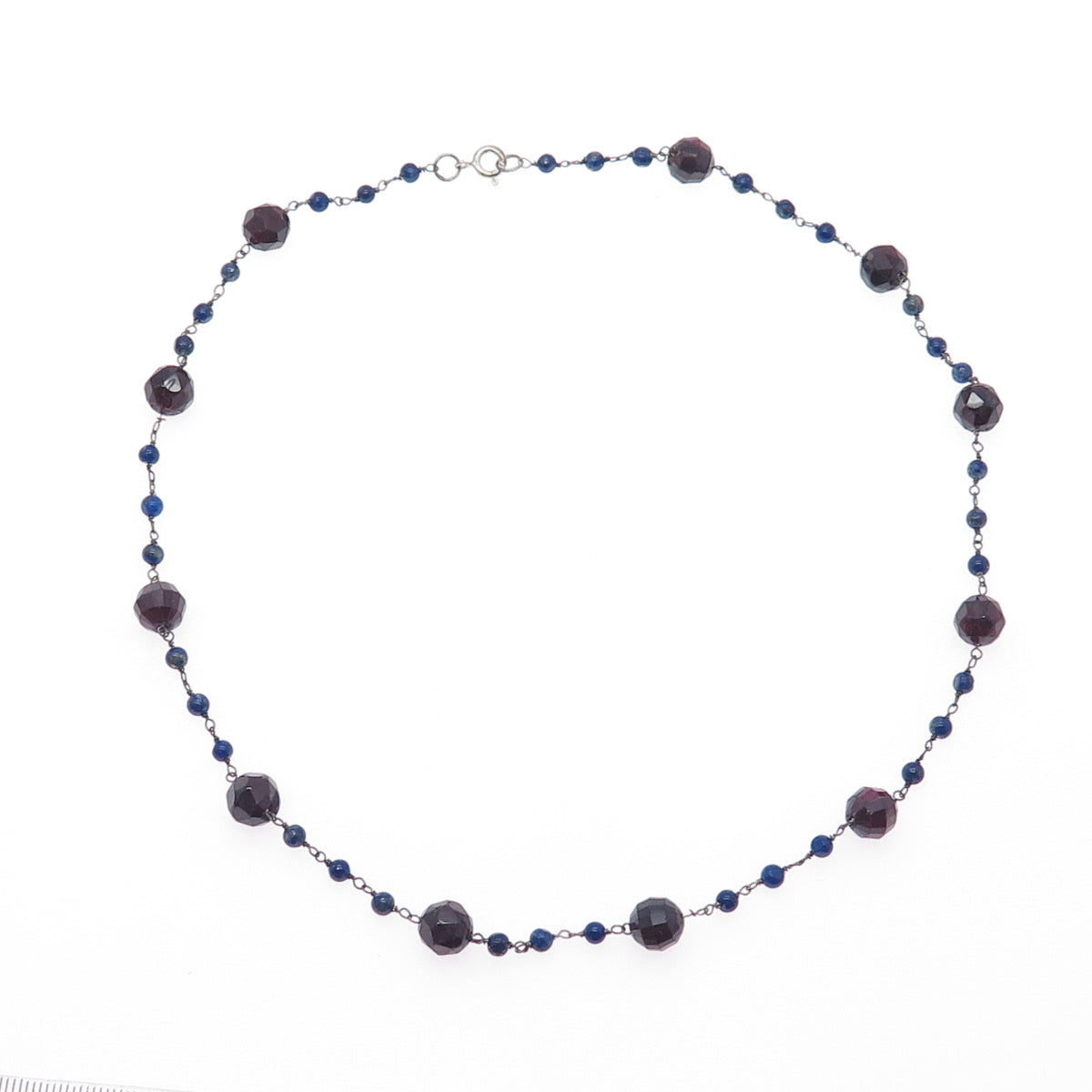 925 Sterling Silver Vintage Real Red Garnet & Lapis Beaded Chain Necklace 18"