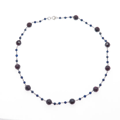 925 Sterling Silver Vintage Real Red Garnet & Lapis Beaded Chain Necklace 18"