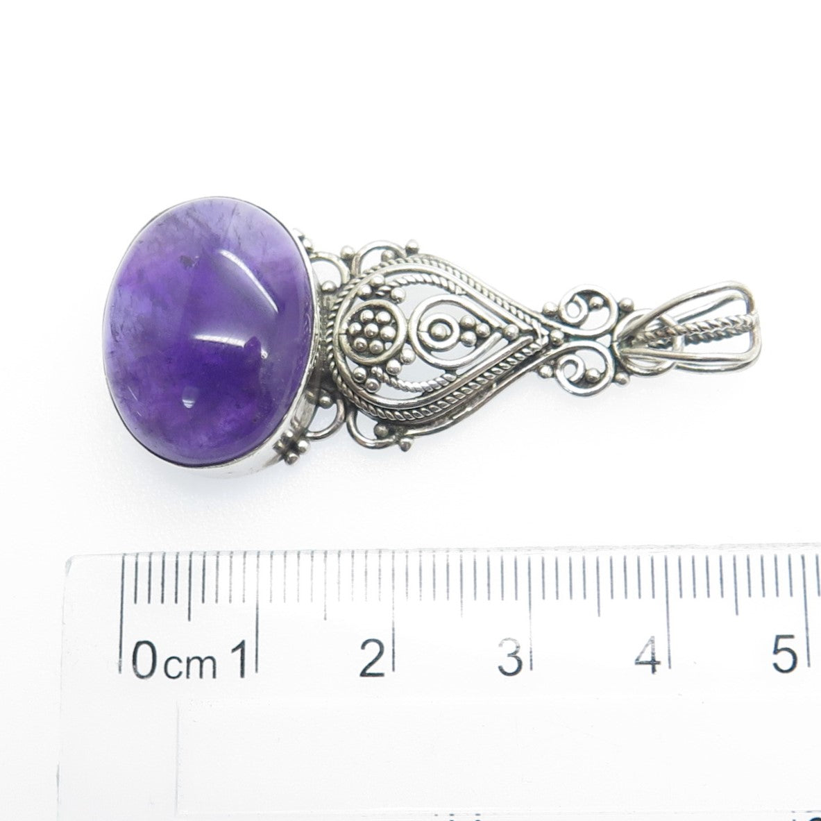 925 Sterling Silver Vintage Real Cabochon Amethyst Ornate Floral Pendant