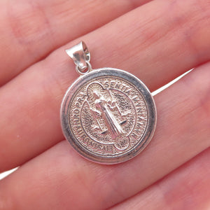 925 Sterling Silver Vintage Mexico Saint Benedict Religious Medal Charm Pendant