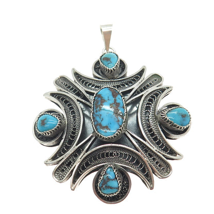 800 Silver Vintage Egypt Real Morenci Turquoise Filigree Pendant