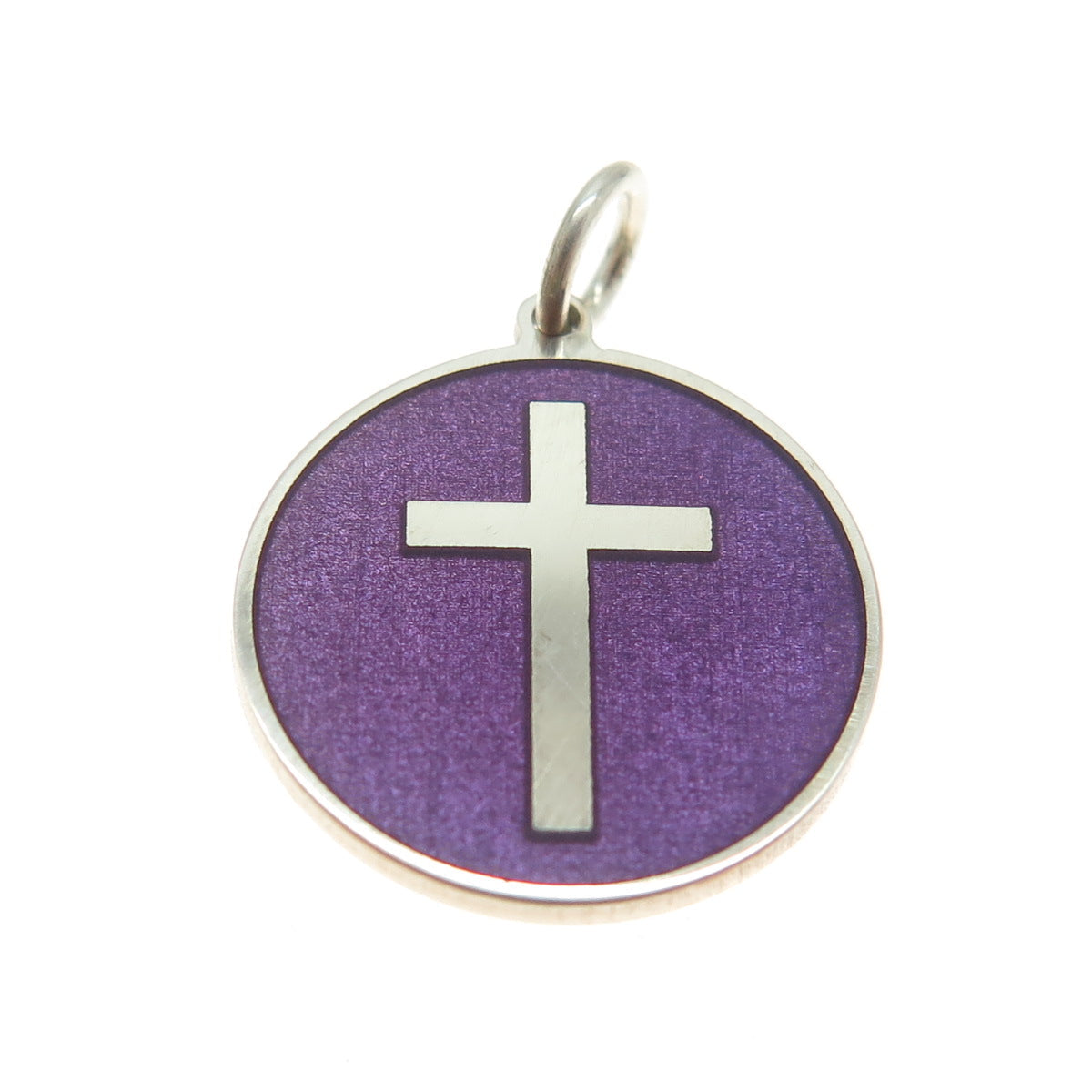 925 Sterling Silver Purple Enamel Cross Round Tag Minimalist Charm Pendant