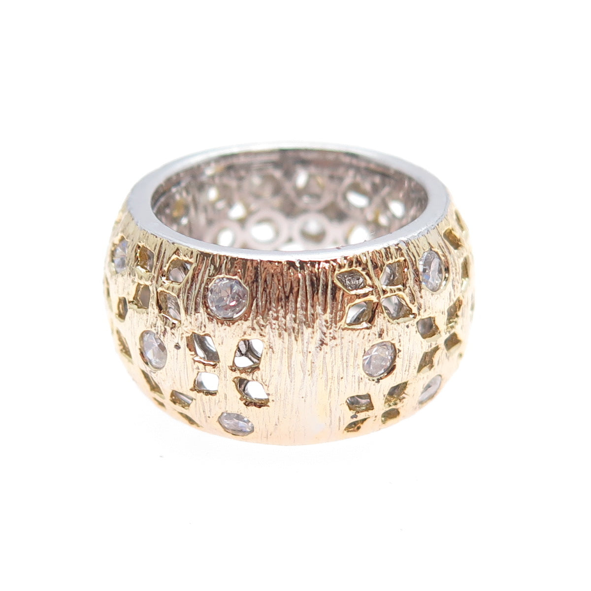 925 Sterling Silver 2-Tone Vintage Round-Cut C Z Flower Band Ring Size 6