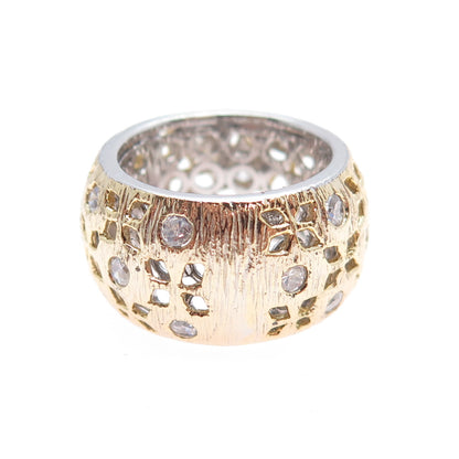 925 Sterling Silver 2-Tone Vintage Round-Cut C Z Flower Band Ring Size 6