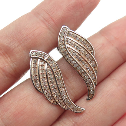 925 Sterling Silver 2-Tone Real Round-Cut Diamond Angel Wing Earrings