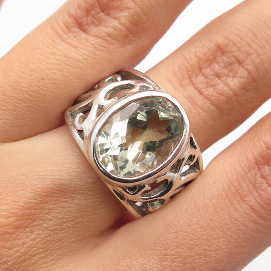 925 Sterling Silver Vintage Real Prasiolite Gemstone Ornate Ring Size 7