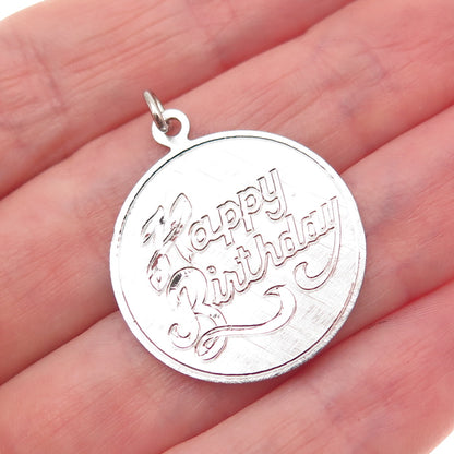 925 Sterling Silver Vintage Happy Birthday Round Tag Charm Pendant