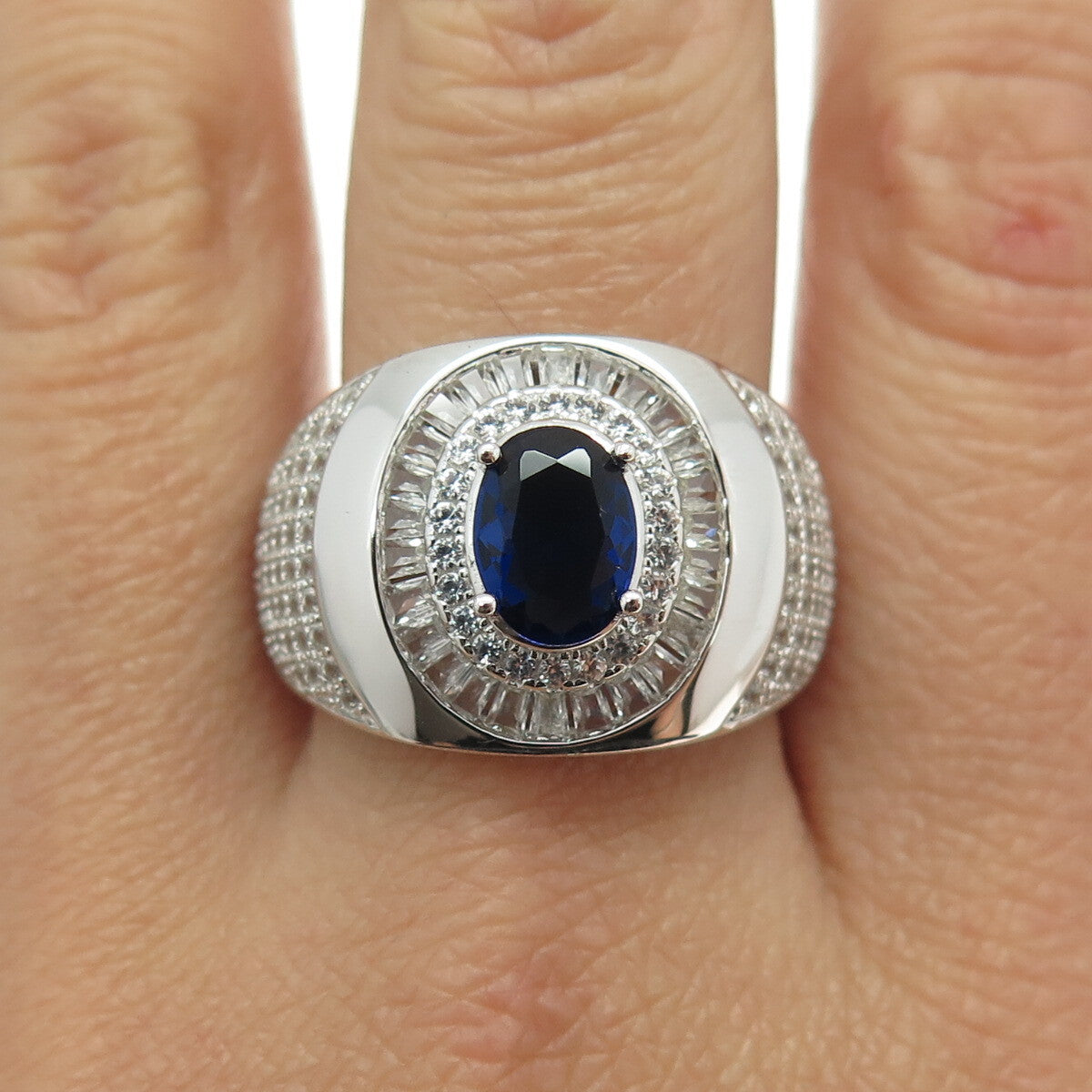 HAN 925 Sterling Silver White Topaz Gem & Lab-Created Sapphire Ring Size 10.75