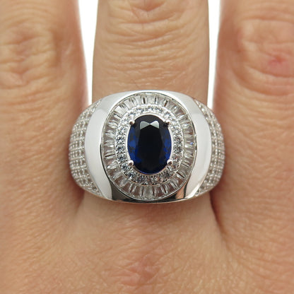 HAN 925 Sterling Silver White Topaz Gem & Lab-Created Sapphire Ring Size 10.75