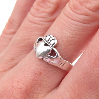 925 Sterling Silver Vintage Irish Claddagh Oxidized Ring Size 6.75